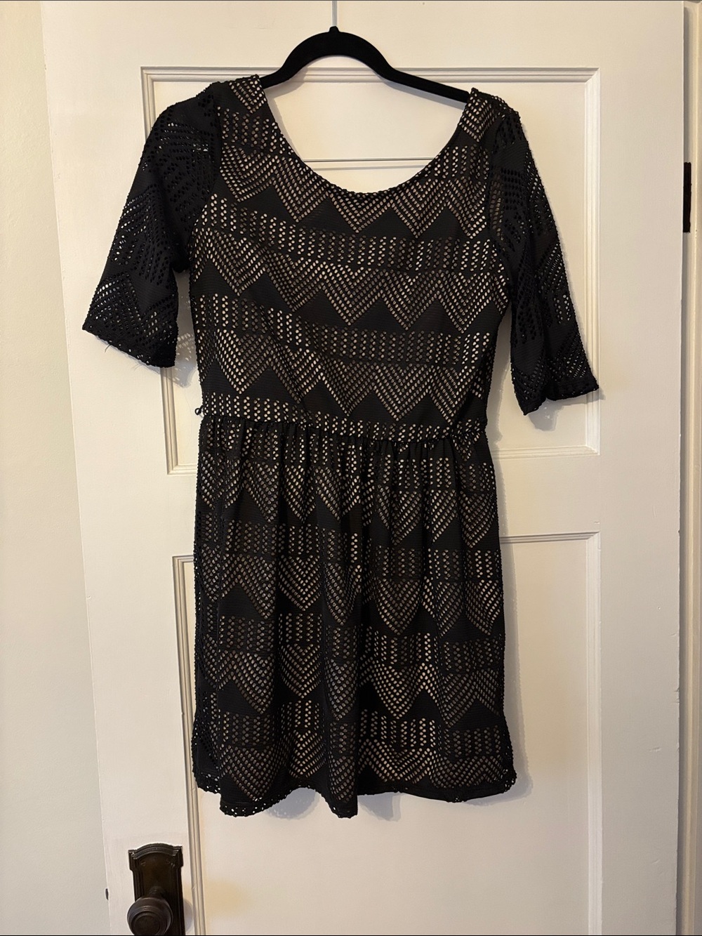 Black Short Sleeve Lace Overlay Dress